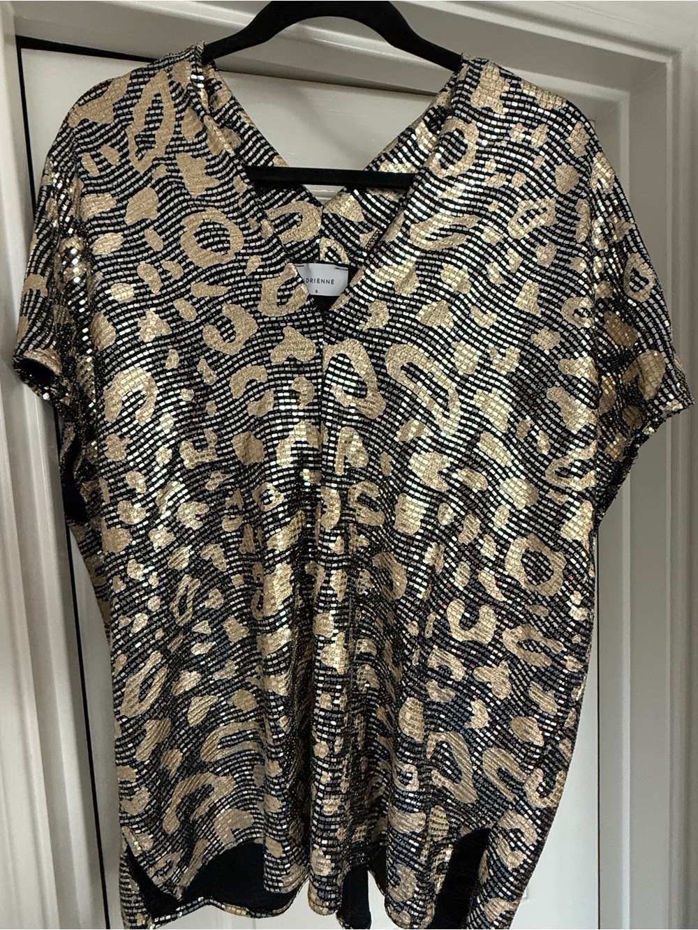 Adrienne Gold and Black Sequin Leopard Short Sleeve Top